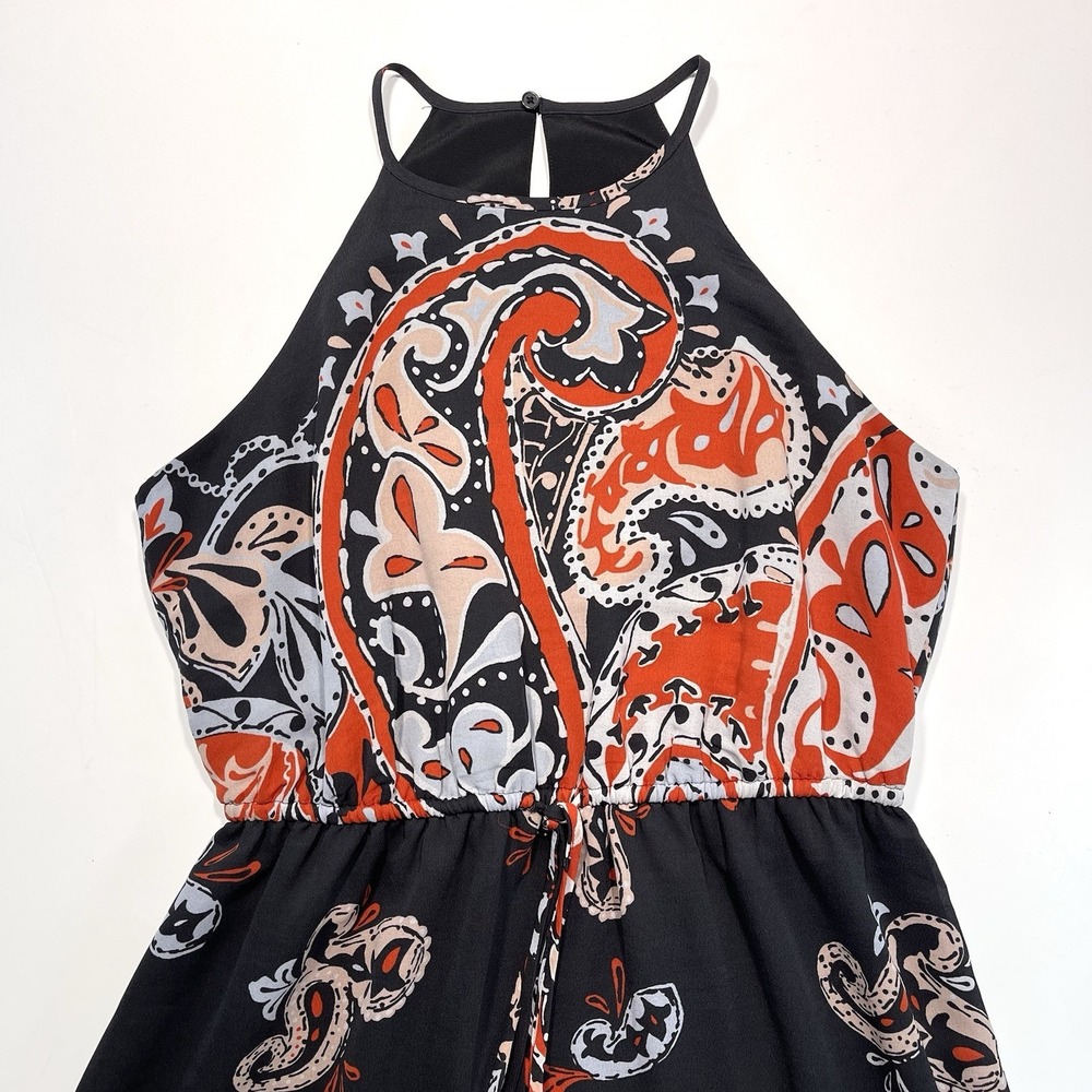 LOFT High Neck Spaghetti Strap Knee Length Dress Navy Paisley Med Petite